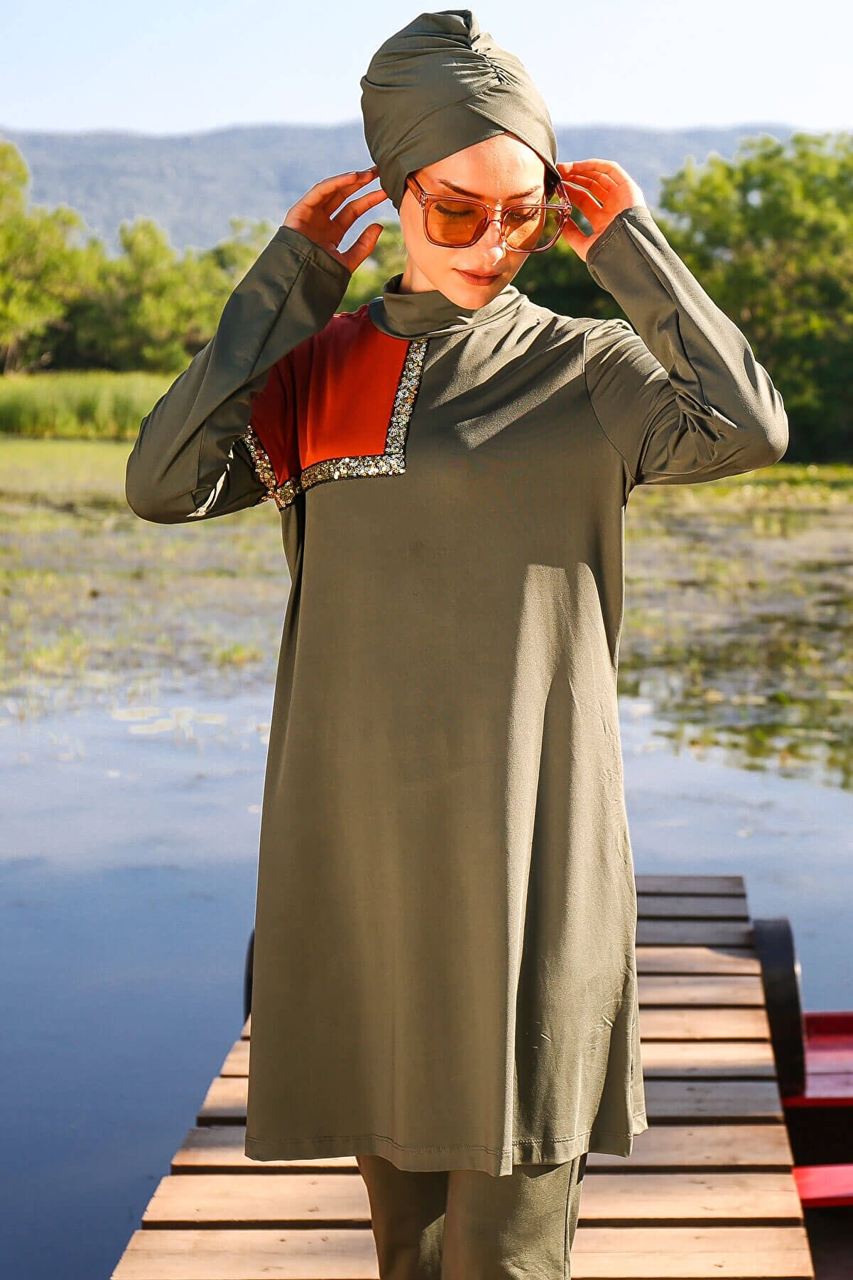 Khaki Fully Covered Hijab Swimwear M2108
