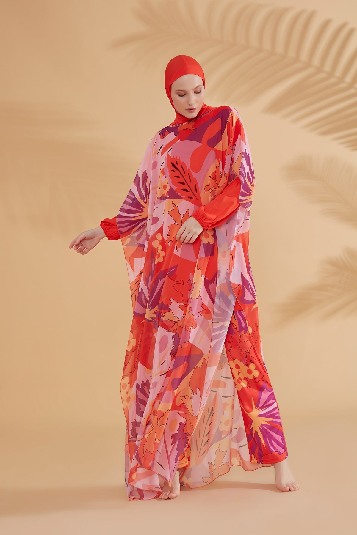 Flowered Orange Hijab Swimwear Kimono Pareo P2336