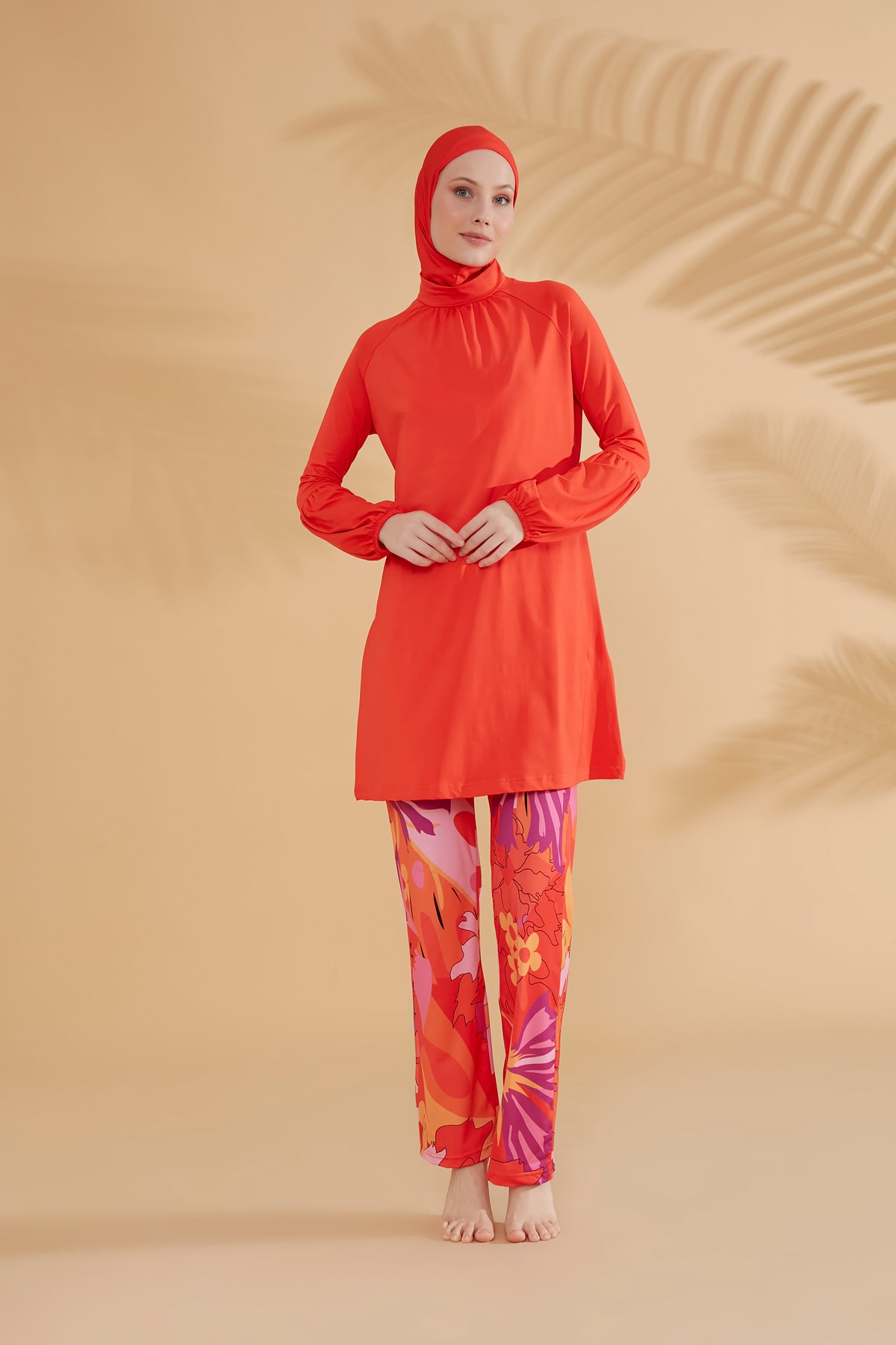 Flowered Orange Full Coverage Hijab Swimwear M2317
