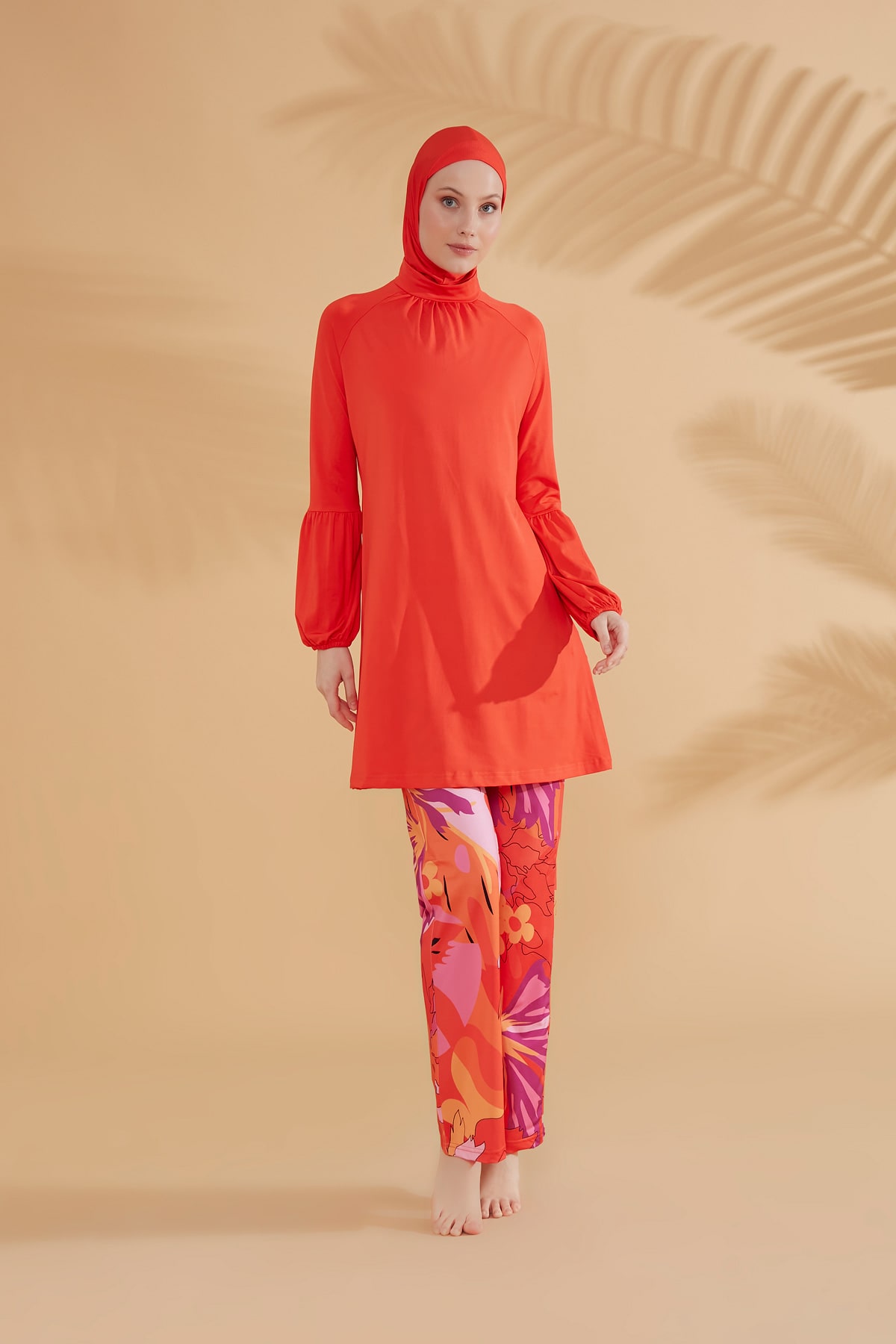 Flowered Orange Full Coverage Hijab Swimwear M2317