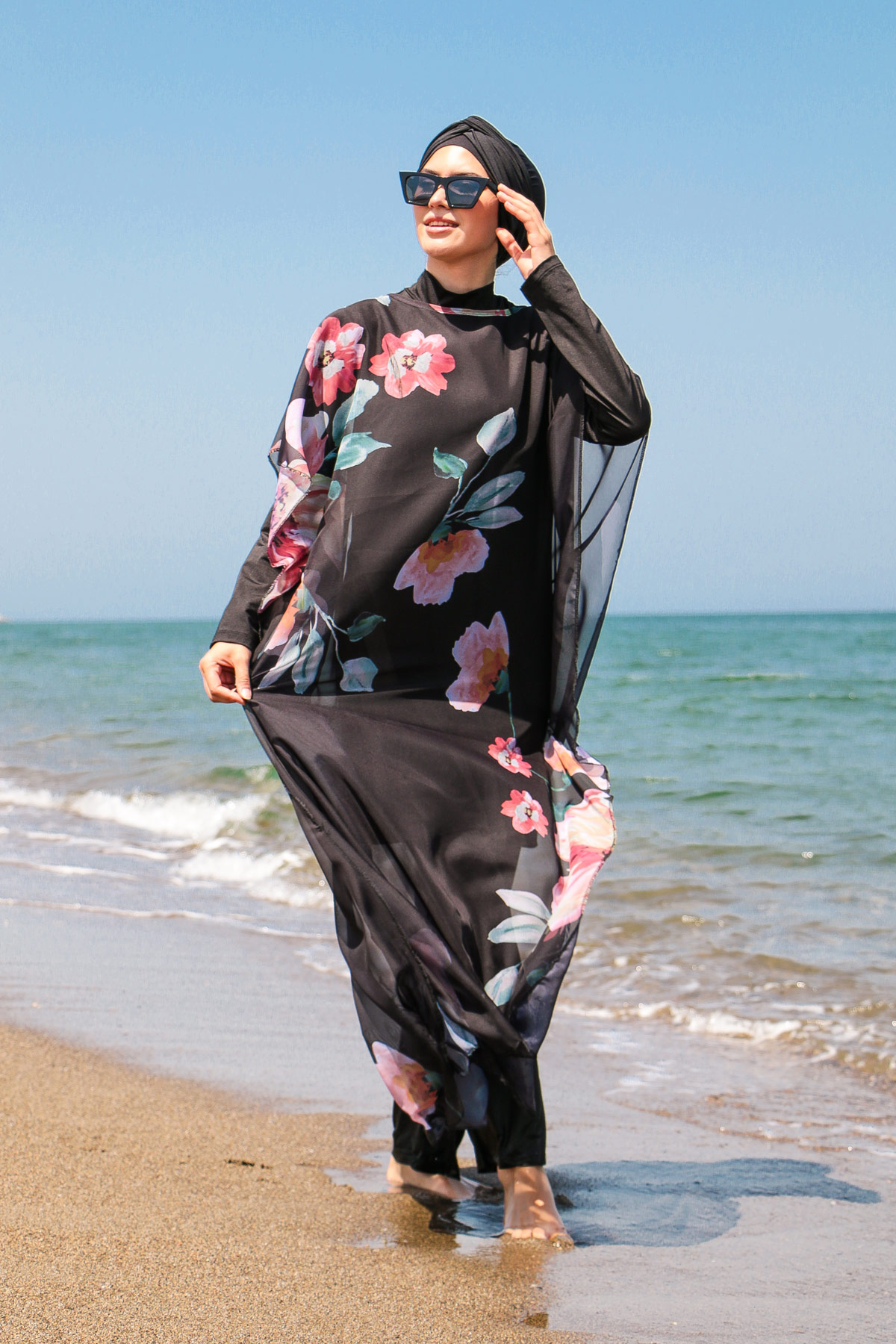 Flowered Black Hijab Swimwear Kimono Pareo P2104