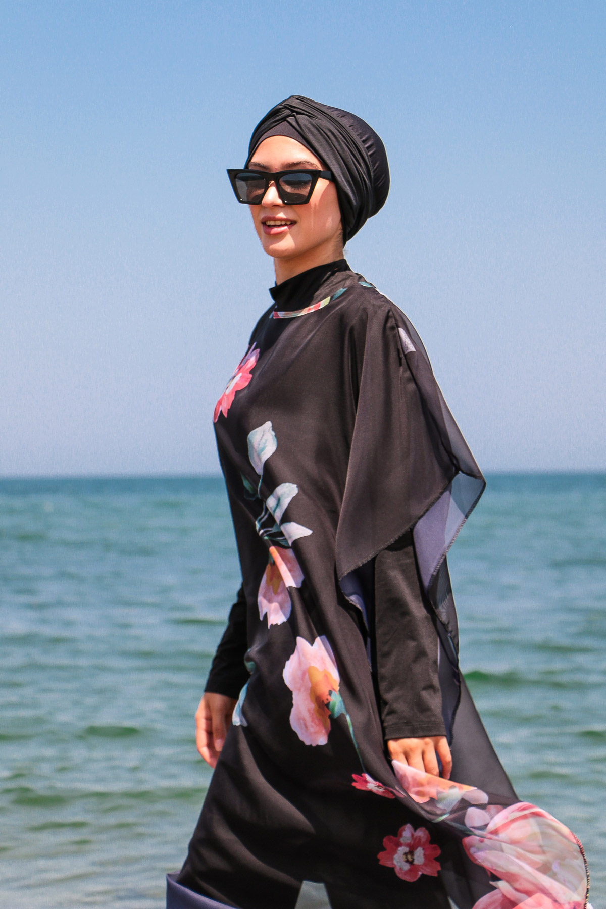 Flowered Black Hijab Swimwear Kimono Pareo P2104