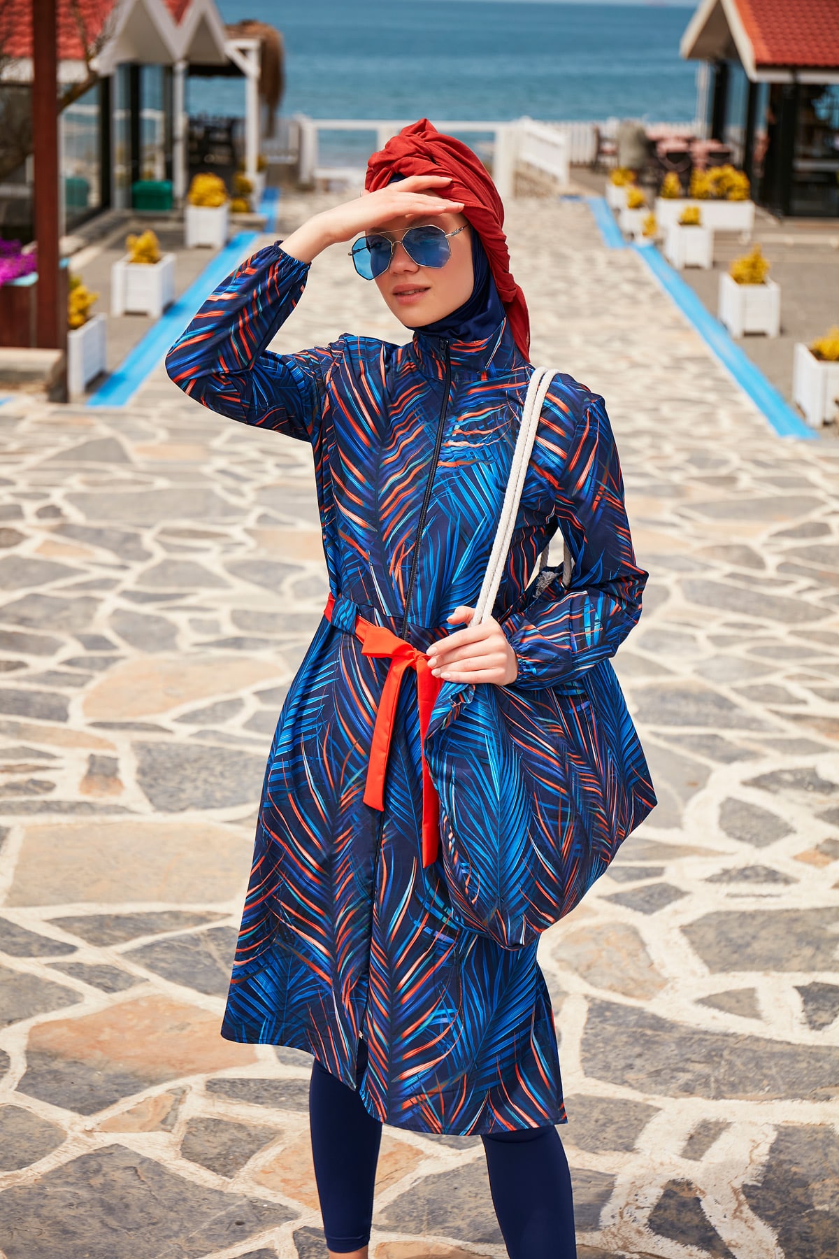 Patterned Navy Blue Full Covered Hijab Swimsuit M2305