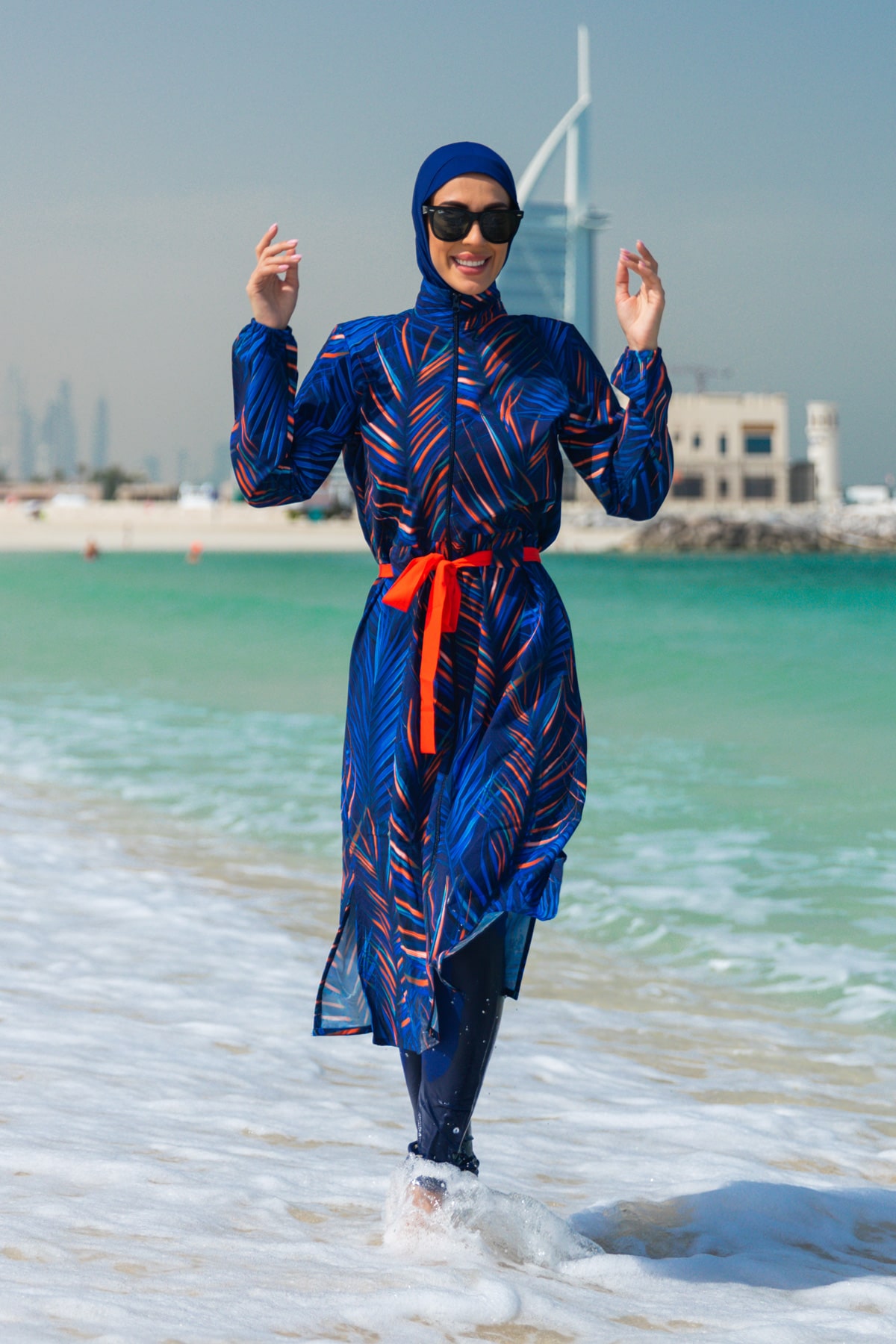 Patterned Navy Blue Full Covered Hijab Swimsuit M2305