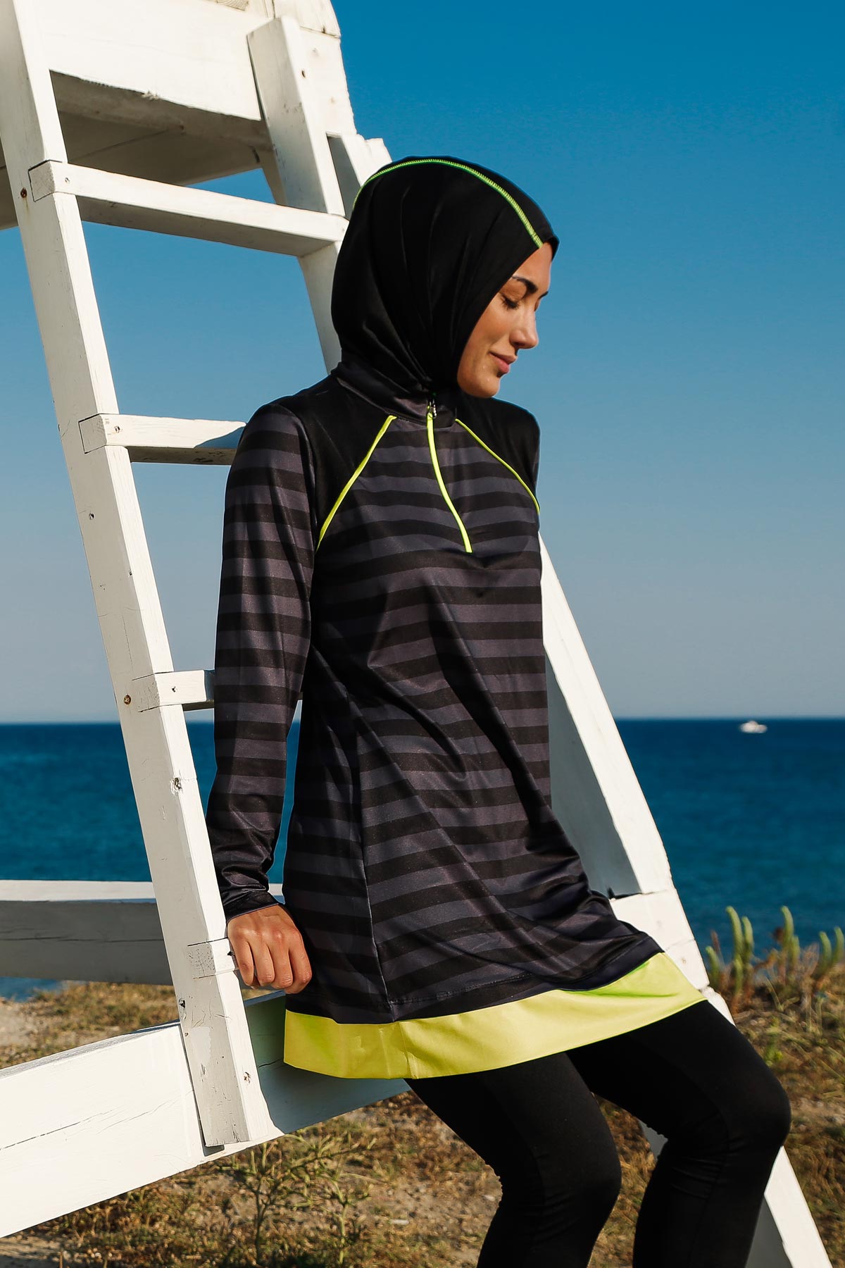3-piece Black Performance Series Striped Fully Covered Burkini M2232 ...